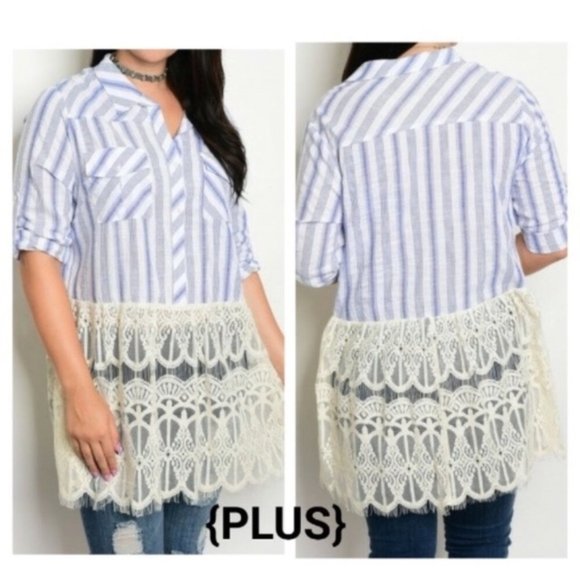 NWOT Tassels N Lace Blue Striped Button Down Tunic - Picture 2 of 9